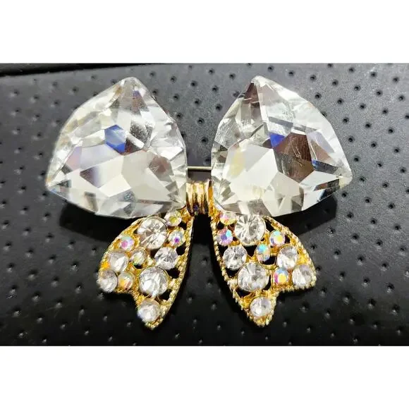Brooch‎ Clear Rhinestone Bow with Gold Trim - Picture 2 of 3